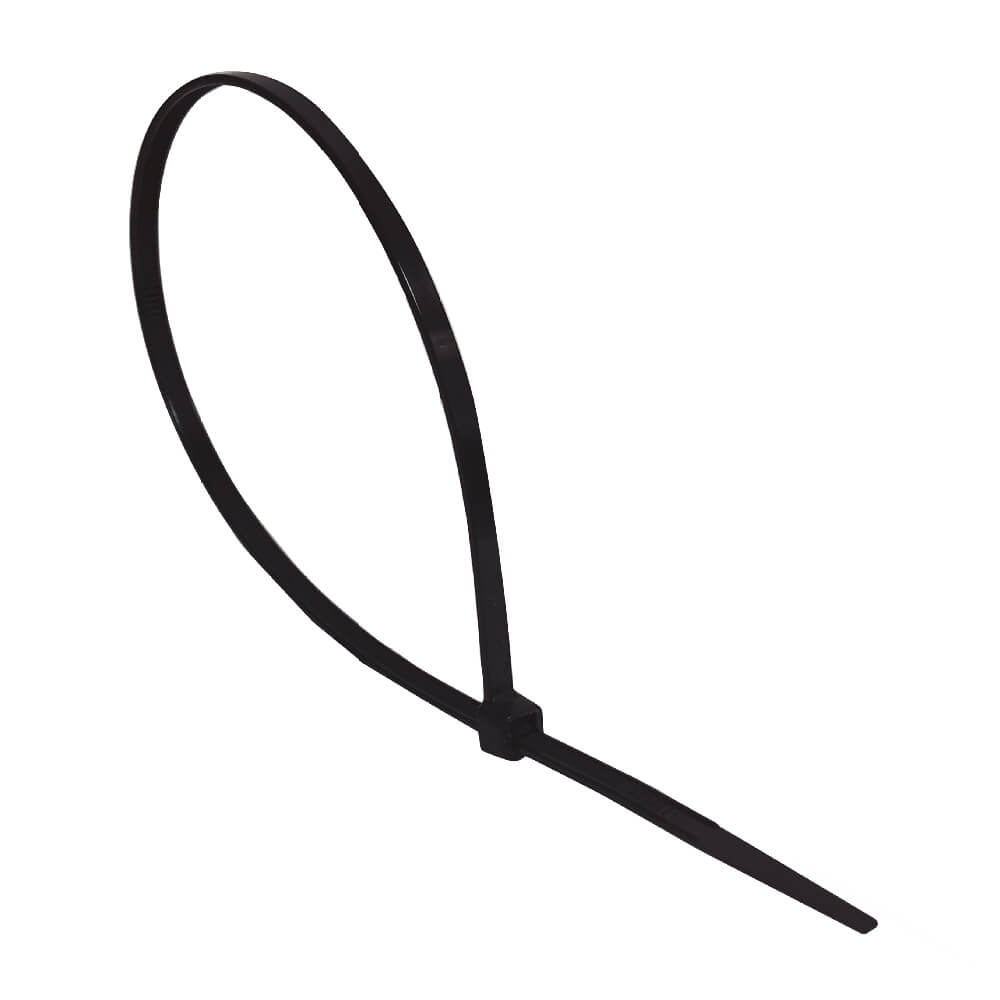 A single black nylon cable tie looped, showcasing its durable and flexible design for securing cables or other items.